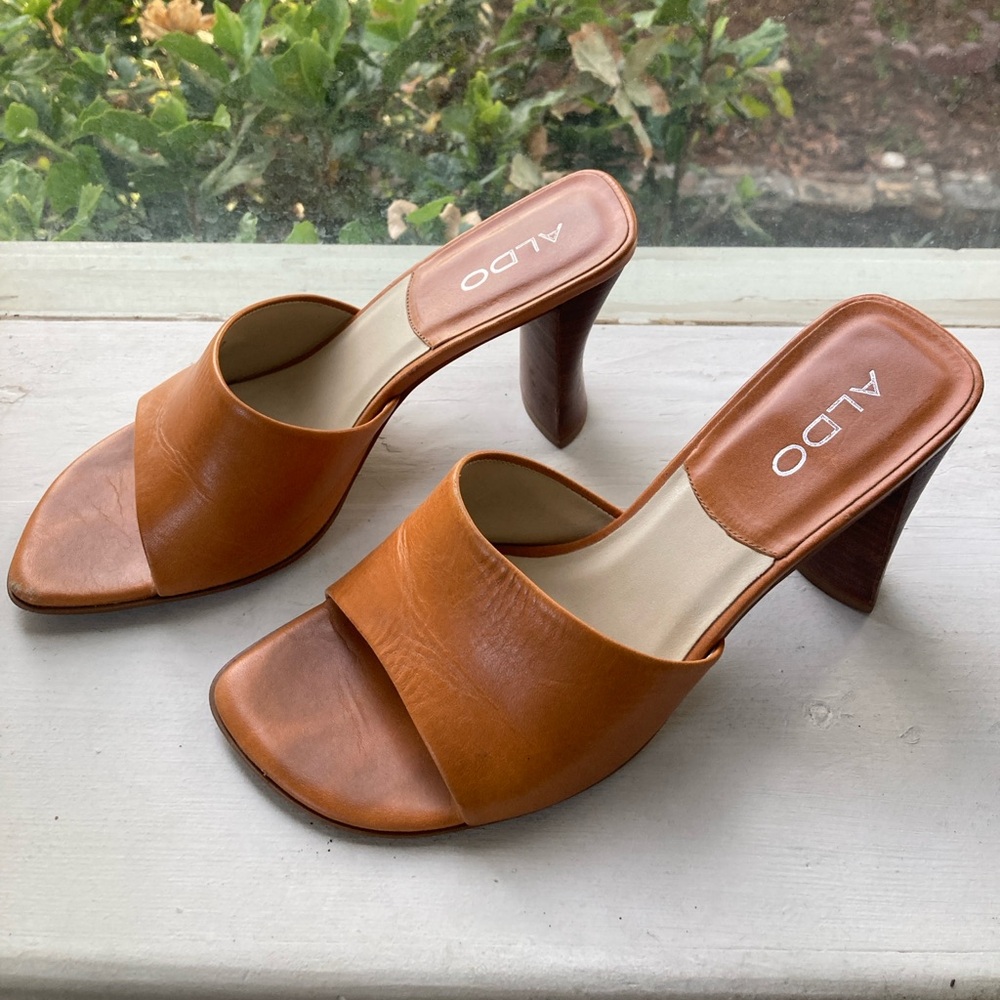 ALDO Women's Cognac Leather Open-Toe Slide Mules